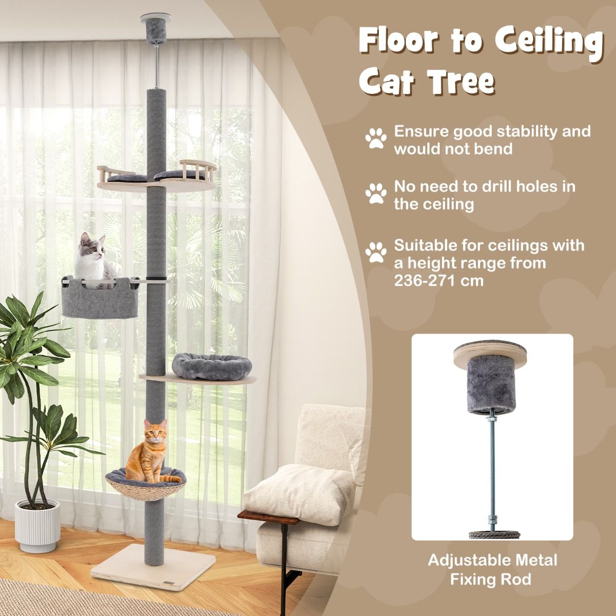 Arbre à chat Coast, du sol au plafond - hauteur réglable - 5 niveaux - gris et naturel
