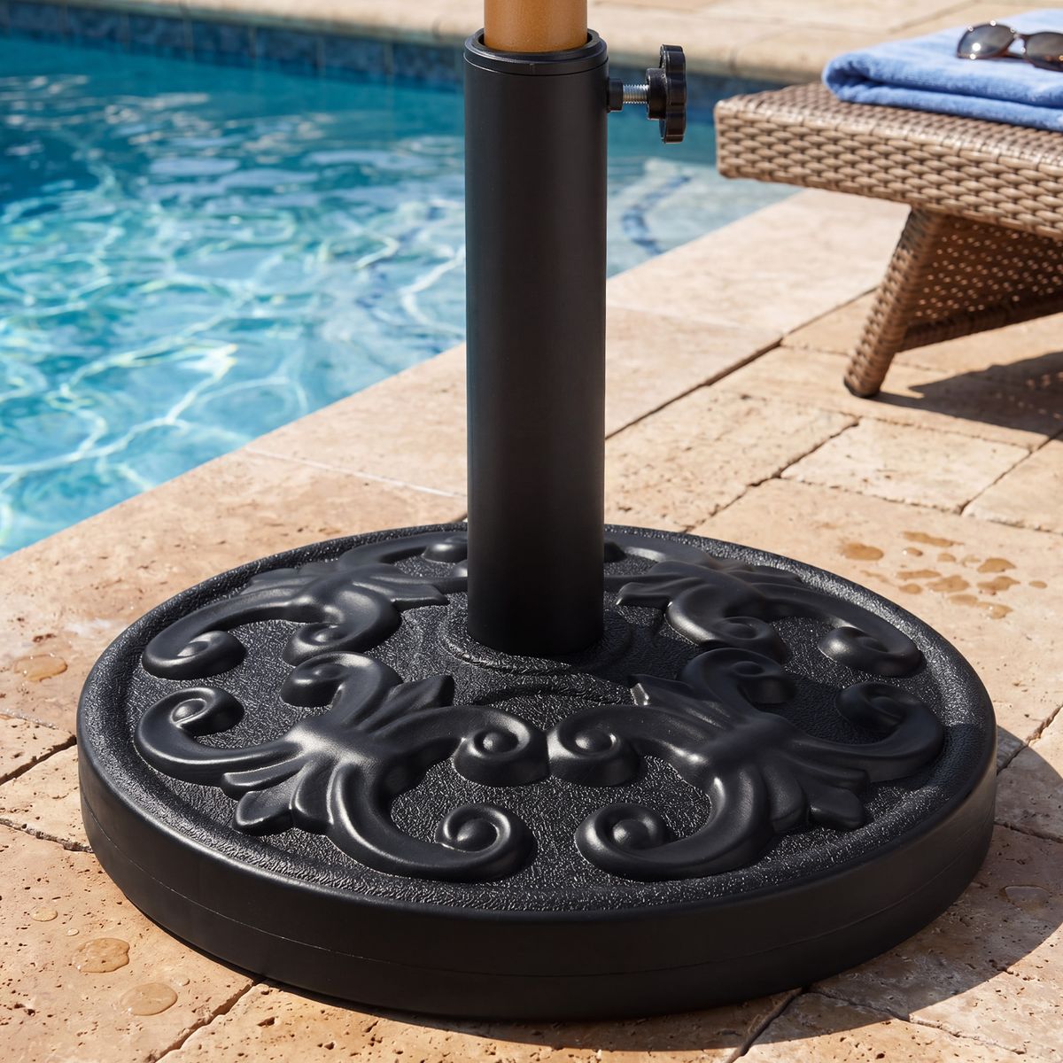 Pied de parasol Coast rond - lesté au ciment - compatible avec les mâts de parasol de 38/48 mm - noir