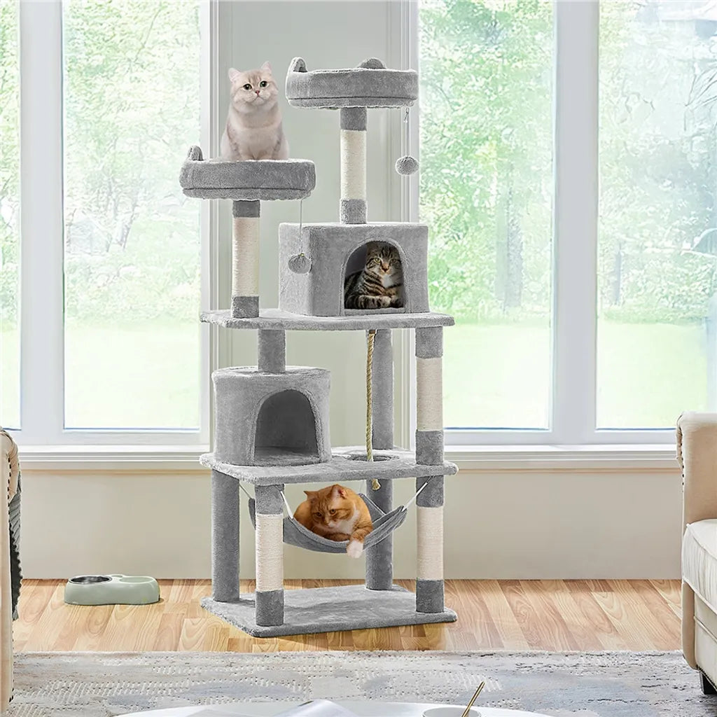 Arbre à chat Yaheetech 158 cm - Gris clair - Arbre à chat avec 2 grottes, un hamac et des poteaux en sisal