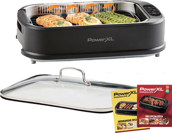 PowerXL Smokeless Grill - Barbecue électrique - Pour griller sans fumée ni odeur - Avec plaque de cuisson et fonction « arôme » - Revêtement antiadhésif - Avec couvercle en verre thermo-résistant - Barbecue d'intérieur - 1 500 watts - Édition vente par co
