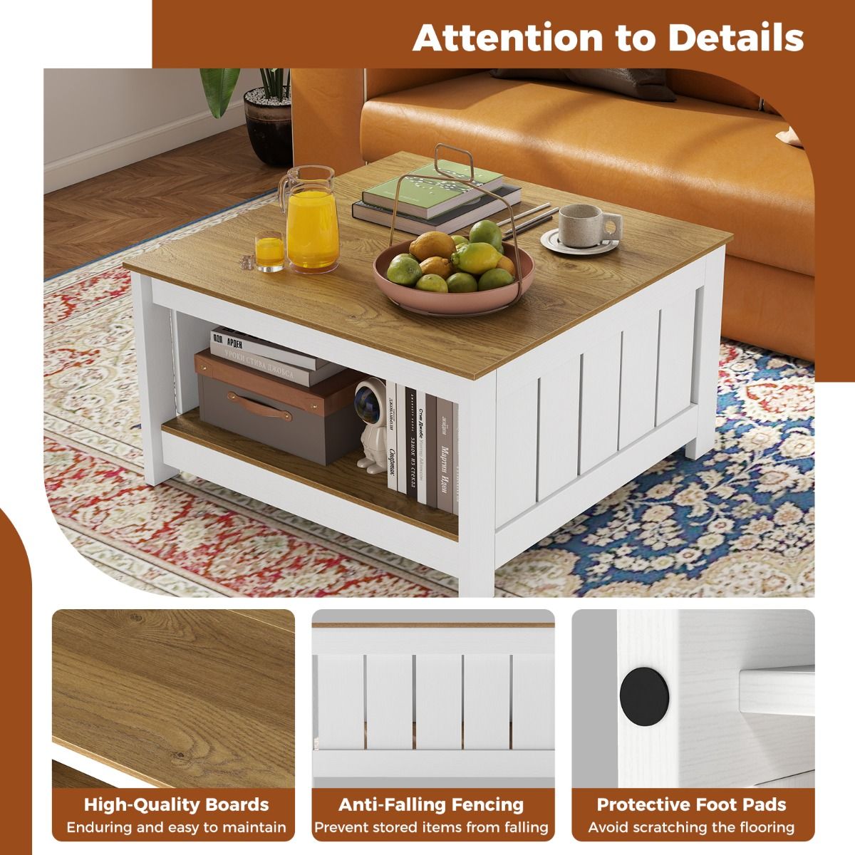 Table basse Coast en bois - 2 niveaux - Espace de rangement - Naturel et blanc - 80 x 80 x 45 cm