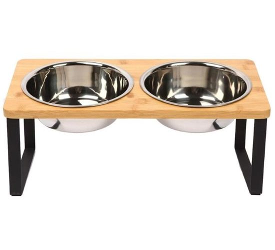 Ceruzo Gamelle double - Petits chiens - Acier inoxydable - Bambou-Métal Standard -33x15x12.5 cm