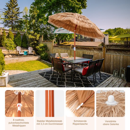 COSTWAY Parasol Hawaii, Base de parasol non incluse, paravent de plage inclinable, paravent de jardin, hauteur réglable, protection contre les UV, parasol en paille pp, parasol de marché, naturel, 155 cm