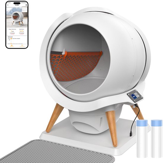 HoneyGuardian Litière Automatique XXL - Litière autonettoyante - Litière électrique - Résistante à l'eau et lavable - avec application - Tapis de litière pour chat et 40 sacs de ramassage inclus.