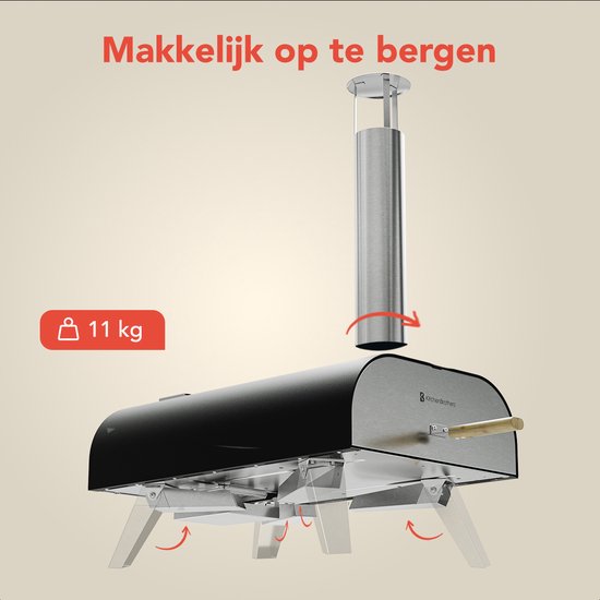 KitchenBrothers Four à Pizza - Au feu de bois - Modèle de table - Pliable - Sans PFAS - Pierre à pizza - jusqu'à 460°C - Pizzeria - Set complet - Four à Pizza d'extérieur - Noir/RVS