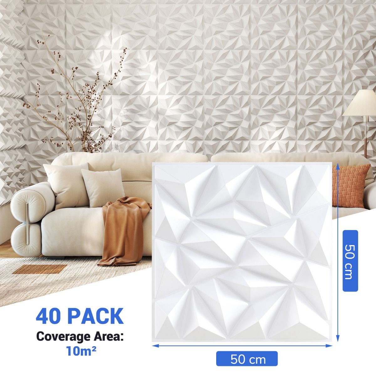 Panneaux muraux Coast 3D - motif en losange - autocollants - blancs 50 x 50 cm, 40 pièces, 10 m²