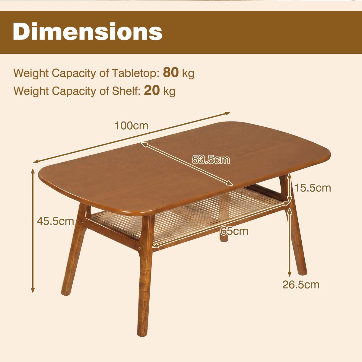 Table basse Coast - avec rangement en rotin - rectangulaire - noyer