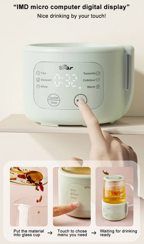 Bouilloire électrique Bear Mini 0,4 L – Commande tactile et 6 fonctions – Verre borosilicaté et filtre – 430 W – Design compact et élégant