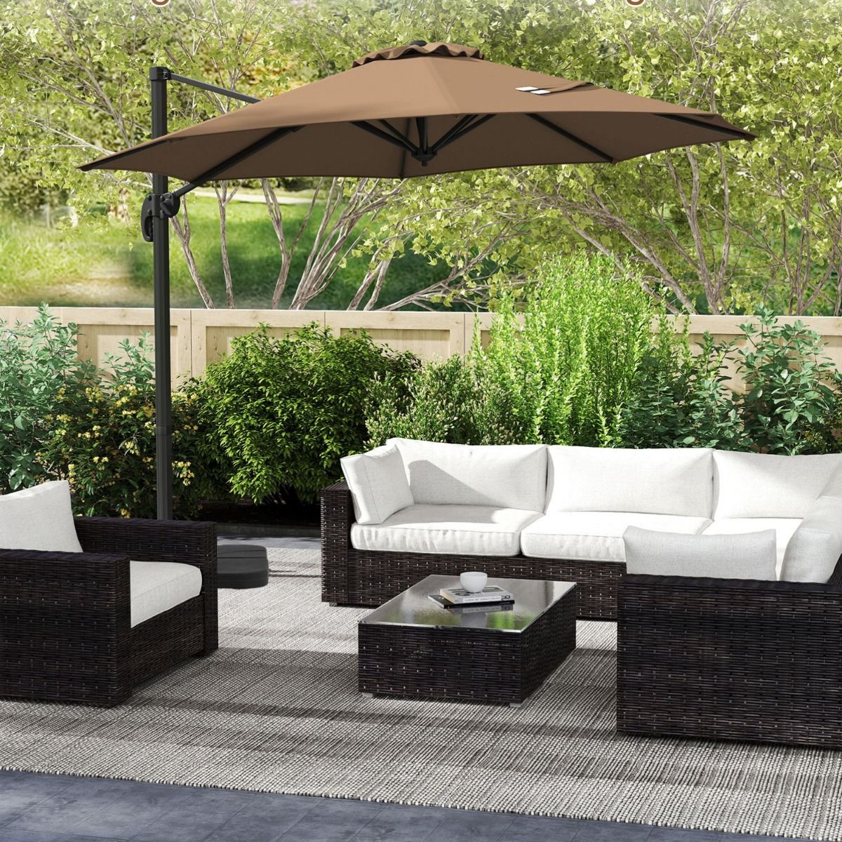 Parasol rond Coast - Réglable sur 5 positions - Pivotant à 360° - Mât en aluminium - 308 x 248 cm - Marron