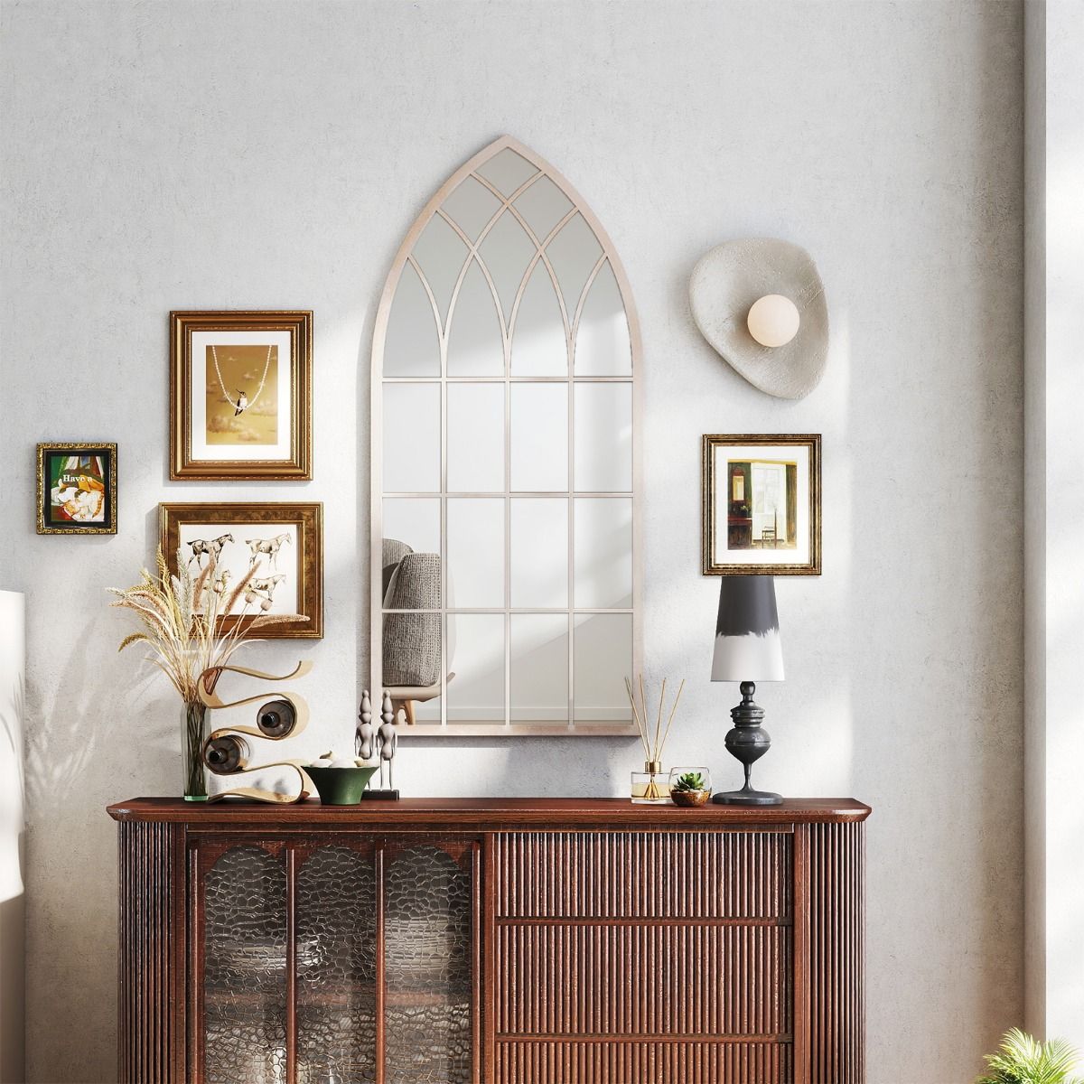 Miroir « Coast » en forme de châssis de fenêtre - miroir mural incurvé - cadre métallique - gris rustique - 115 x 50 cm