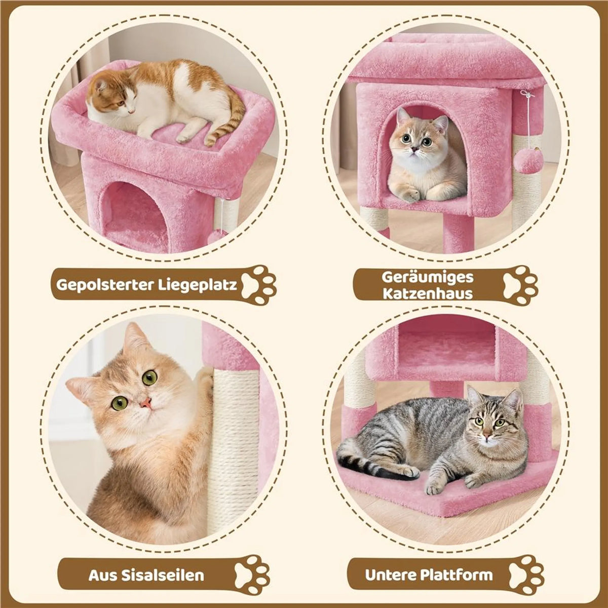 Yaheetech Scratch Post With Hammock - équipé d'un terrier pour chat, de deux poteaux en sisal et d'un endroit pour se coucher - pour chatons et petits chats - peluche rose clair et sisal - 40,5 x 40,5 x 59 cm