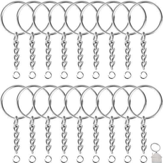 Porte-clés avec chaîne - 100 anneaux fendus pour porte-clés en acier inoxydable - Ensemble d'anneaux fendus pour pendentifs de clés - 25 mm - 100 pièces - Comprend un anneau de clé avec une maison