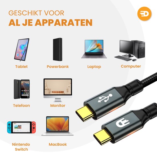 Drivv. Câble USB C vers USB C 3.2 - Chargeur rapide 100w - 4K 60Hz - 20GBs - 3 mètres - Convient à Samsung, Macbook, iPhone 15 et autres - Nylon - Gris