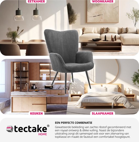tectake® Fauteuil à oreilles de style scandinave - Velours côtelé Hygge - Chaise de salon, chambre à coucher - Chaise longue - Pieds en métal noir - Capacité jusqu'à 150 kg - Gris