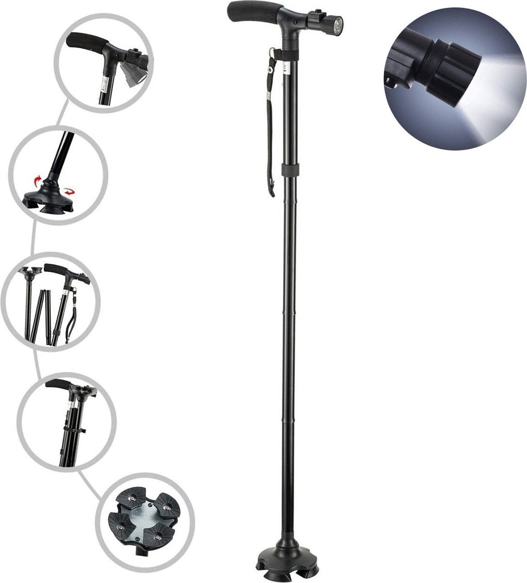 Canne de marche - SafeLife - avec lumière LED - pliable et ajustable - noir