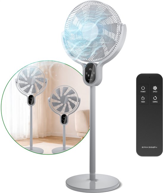 Ventilateur sur pied Eriksson - Silencieux et puissant 45 W - 8 vitesses - Réglable - Ventilateur sur pied - Gris
