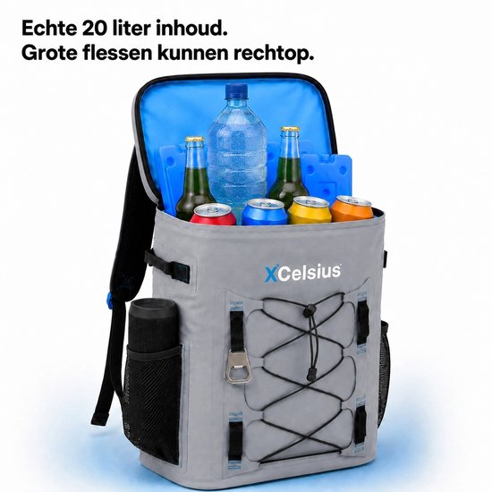 Sac à dos isotherme XCelsius® 20 litres – Sac à dos isotherme avec 2 blocs réfrigérants et un décapsuleur – Au moins 24 heures de fraîcheur – 100 % étanche – Sac à dos isotherme pour la plage, les festivals, le bateau et le camping – Gris