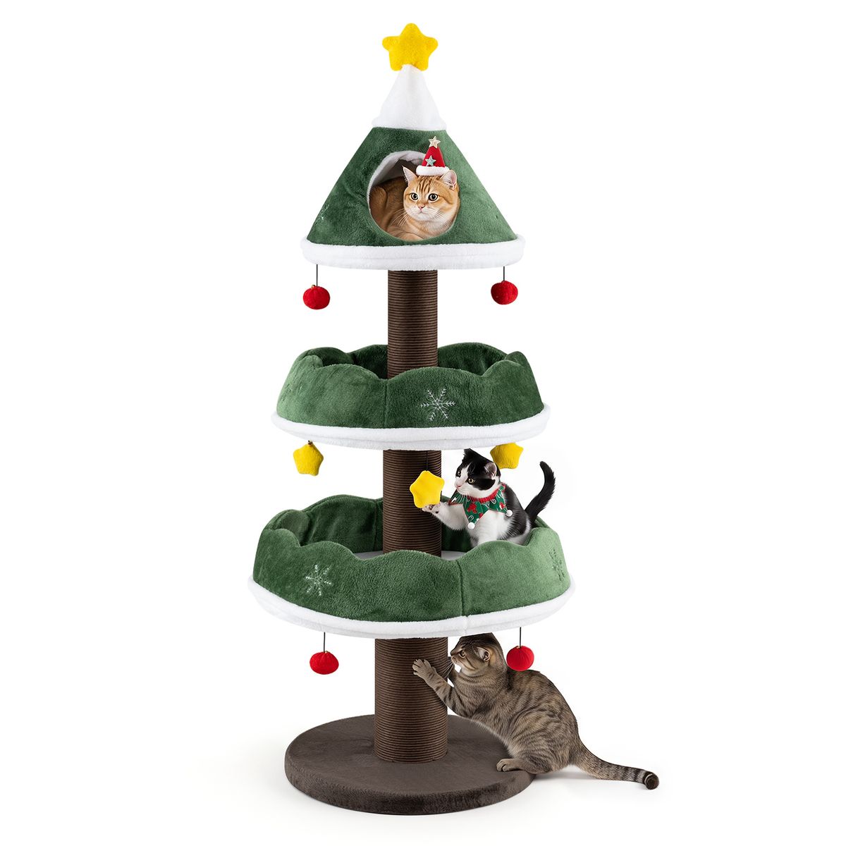 Arbre à chat Coast - motif sapin de Noël - avec grotte au sommet et boules suspendues - vert 143 cm