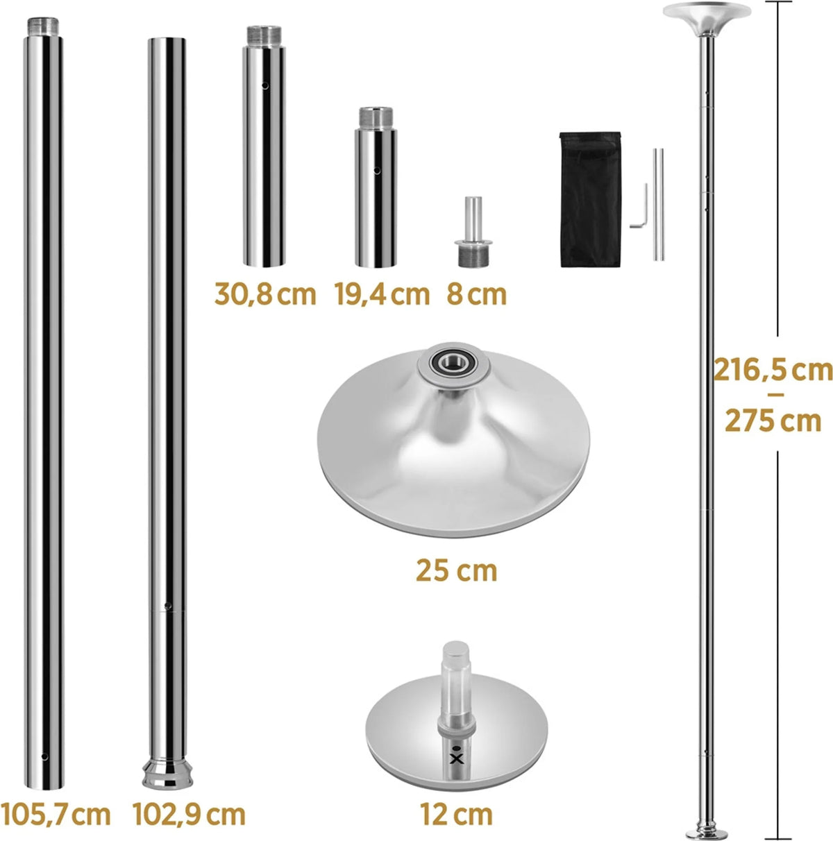 Yaheetech Dance Pole Ajustable - Comprend un support statique et rotatif, une protection en caoutchouc de silicone et 2 tiges d'extension - Pour la maison et le fitness - Métal chromé argenté - 25 x 25 x 216.5-275 cm