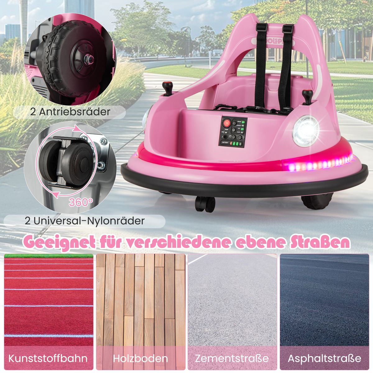 Coast : voiture de collision électrique pour enfants - 12 V avec télécommande et deux manettes - rose