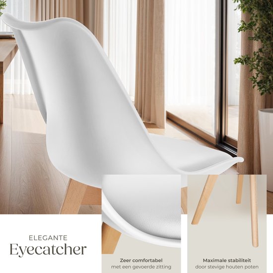 tectake® Dining Chair Frederikke - Lot de 4 chaises de salle à manger avec assise en tissu rembourrée - pieds en bois massif - Chaises ergonomiques adaptées au salon, à la salle à manger, à la chambre à coucher et à la cuisine - Capacité 120kg - Blanc