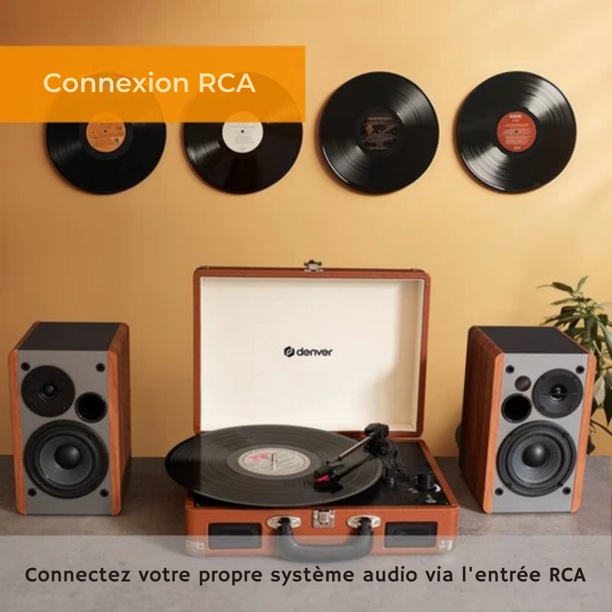 Platine vinyle rétro - Denver VPL120 - Haut-parleurs intégrés - Numérisation USB - 3 vitesses - Mallette portable - Marron