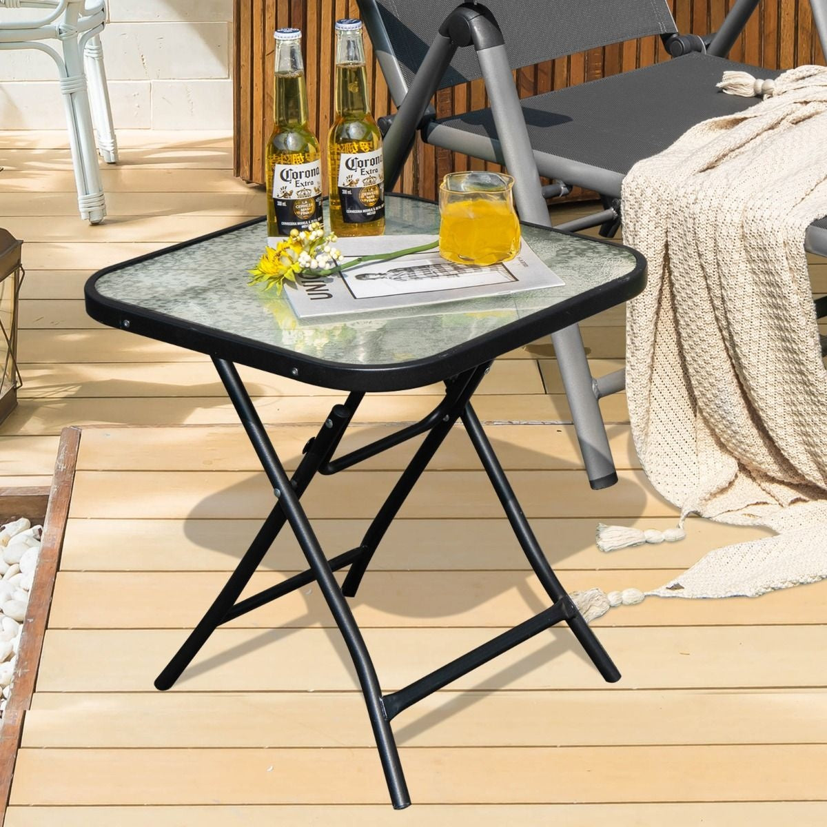 Coast Terrace table d'appoint table carrée en verre avec cadre en inox table basse pliante noire
