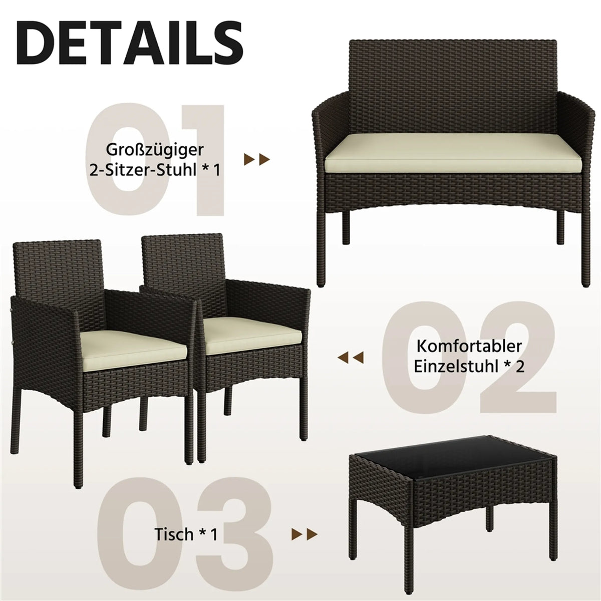 Ensemble de salon en polyrotin Yaheetech, 4 pièces - Canapé 2 places et 2 fauteuils avec table en verre - 100 x 59,5 cm - Marron avec coussins beiges