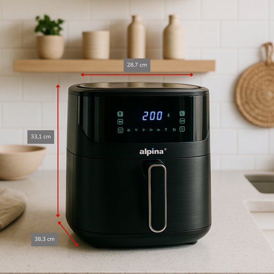 Alpina Airfryer XL - Friteuse à air chaud 6 L - Air Fryer pour 2 à 5 personnes - Four à air chaud avec écran tactile numérique - Température réglable de 80 à 200 degrés - Fonction minuterie - 8 programmes de cuisson