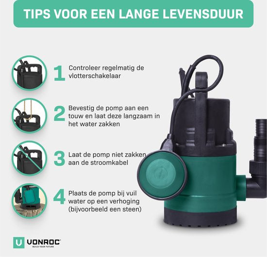 Pompe submersible VONROC / Pompe à eau 300 W – 6 500 l/h – Pour eaux claires et légèrement sales – Avec flotteur