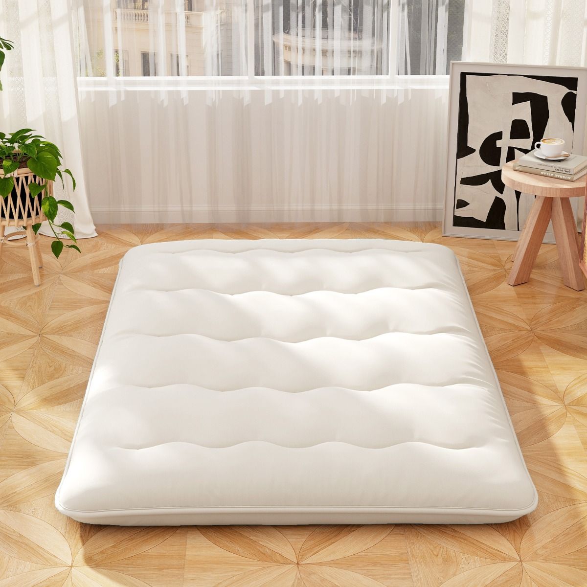 Matelas futon Coast - Tapis de sol et matelas pliable - Housse lavable - Beige/Bleu/Ours brun