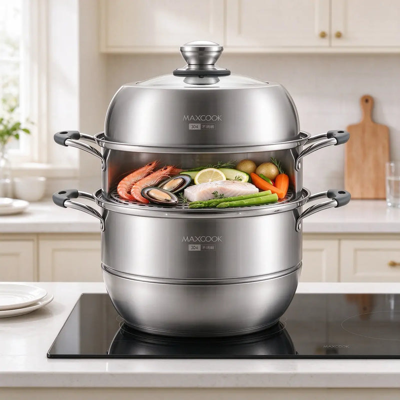 Casserole à vapeur Maxcook à 3 couches, 28 cm - acier inoxydable 304 - compatible induction et gaz