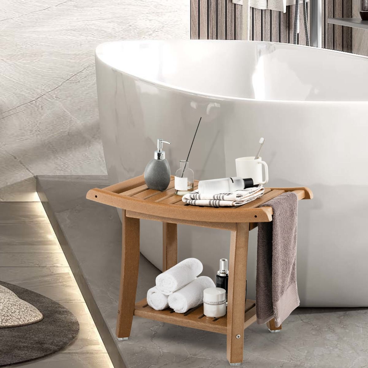 Tabouret de douche Coast - étanche - assise incurvée - tablette de rangement - marron - 60,5 x 34 x 48 cm