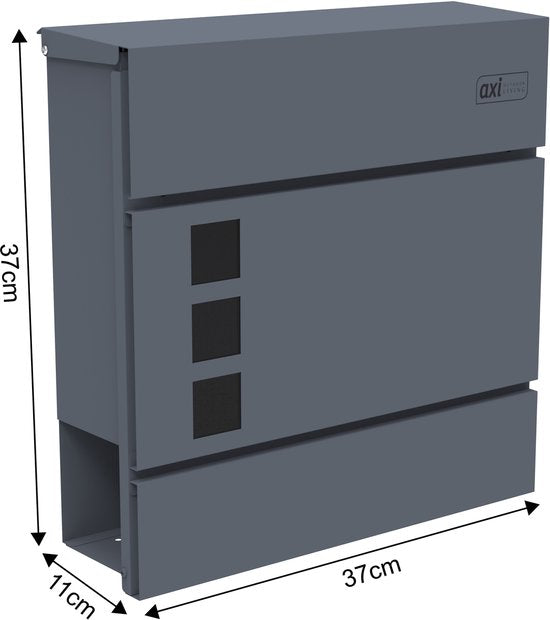 Boîte aux lettres AXI Jonas en métal – Anthracite – Boîte aux lettres en acier avec serrure – Modèle mural – 37 x 11 x 37 cm – 2 clés incluses – Avec porte-journaux – Résistante aux intempéries