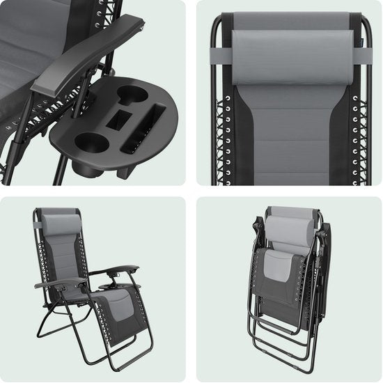 Chaise longue LifeGoods - Pliable - Inclinable de 30° à 90° - Charge max 150kg - Noir/gris