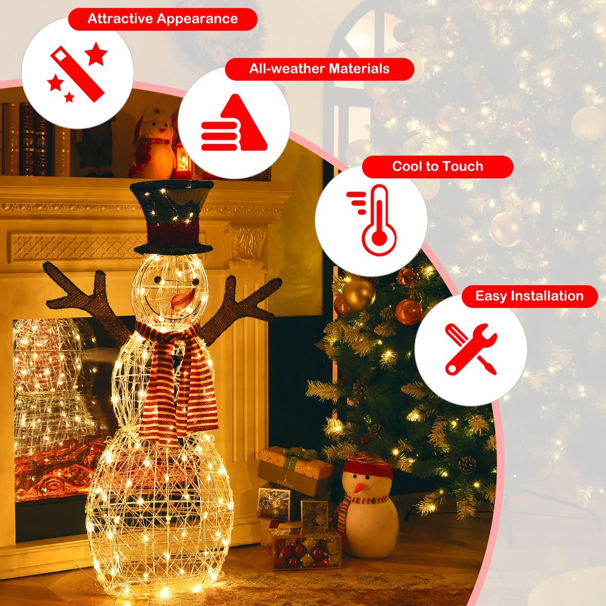 Bonhomme de neige lumineux Coast - 80 LED - Piquets et attaches de câble inclus - 66 x 14 x 110 cm