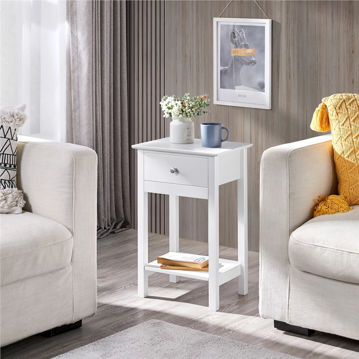 Yaheetech : table de chevet design avec tiroir et étagère, 40 x 30 x 61 cm – Blanc intemporel – MDF