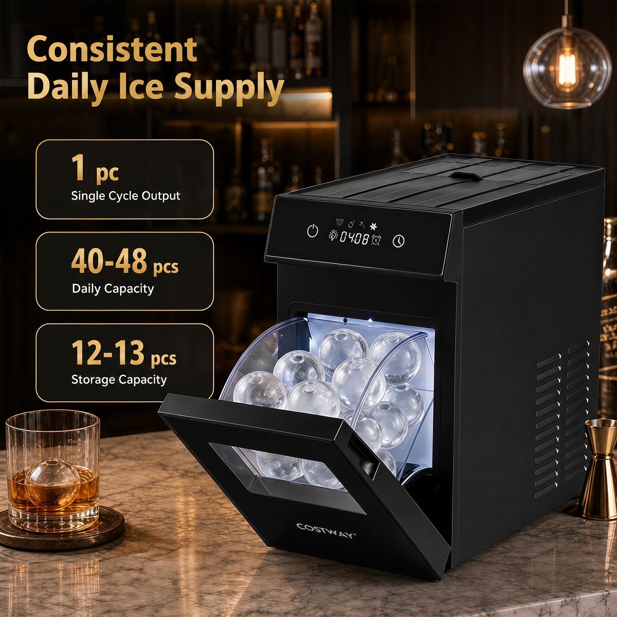 Machine à glaçons Coast - Boules de glace de 50 mm - 48 pièces par jour - noir