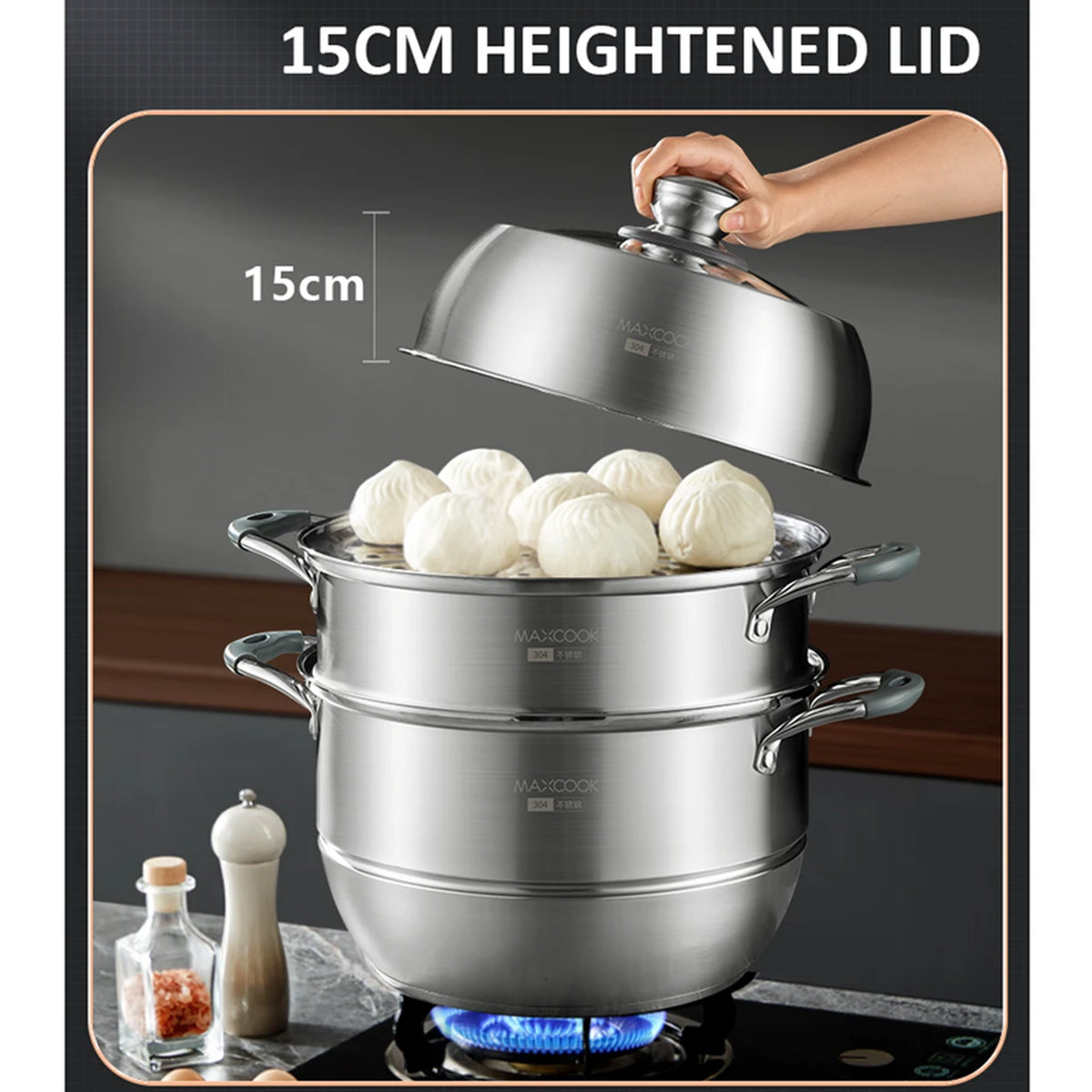 Casserole à vapeur Maxcook à 3 couches, 28 cm - acier inoxydable 304 - compatible induction et gaz