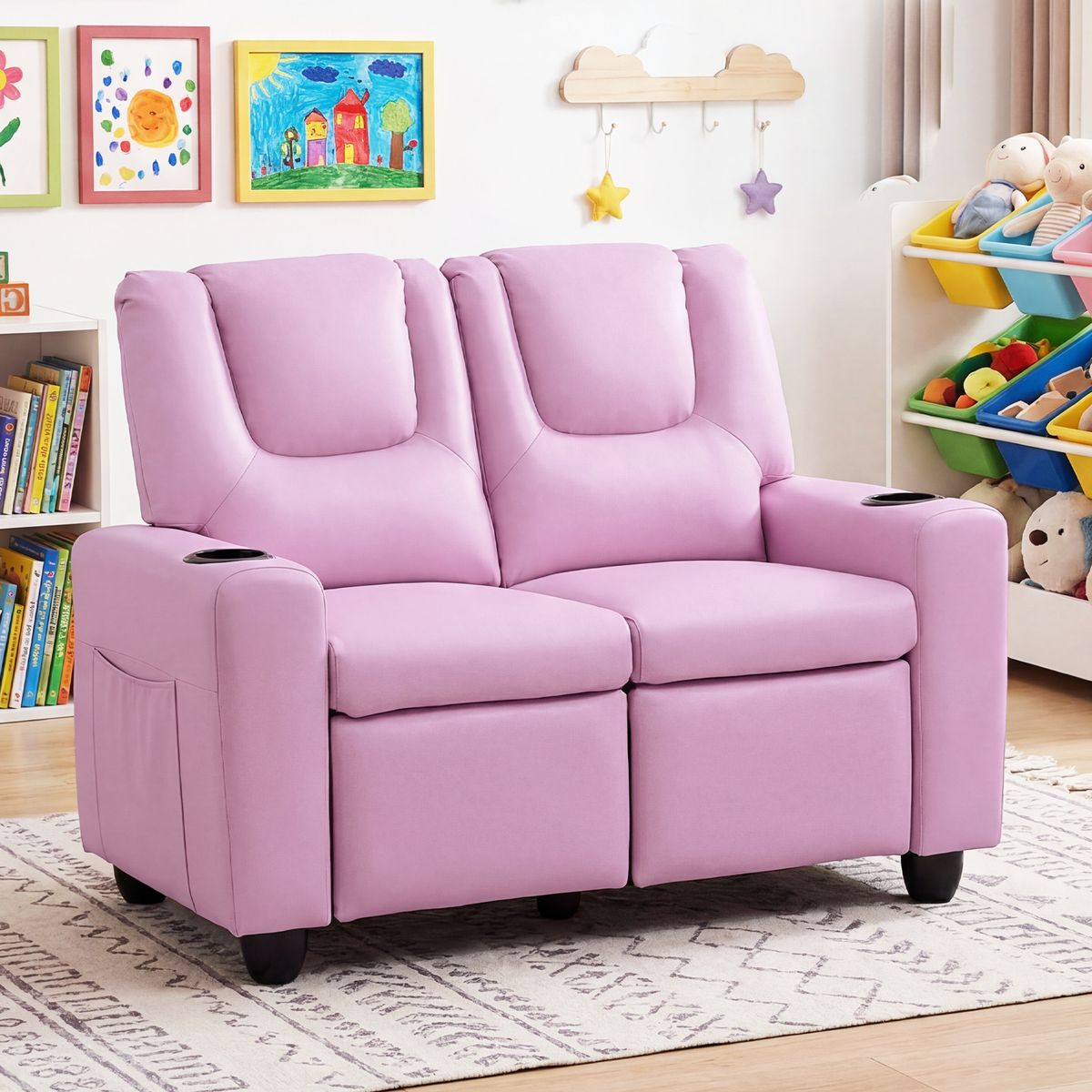 Banc pour enfants Coast avec fonction d'inclinaison - double assise - porte-gobelets - rose 54 x 94 x 68 cm