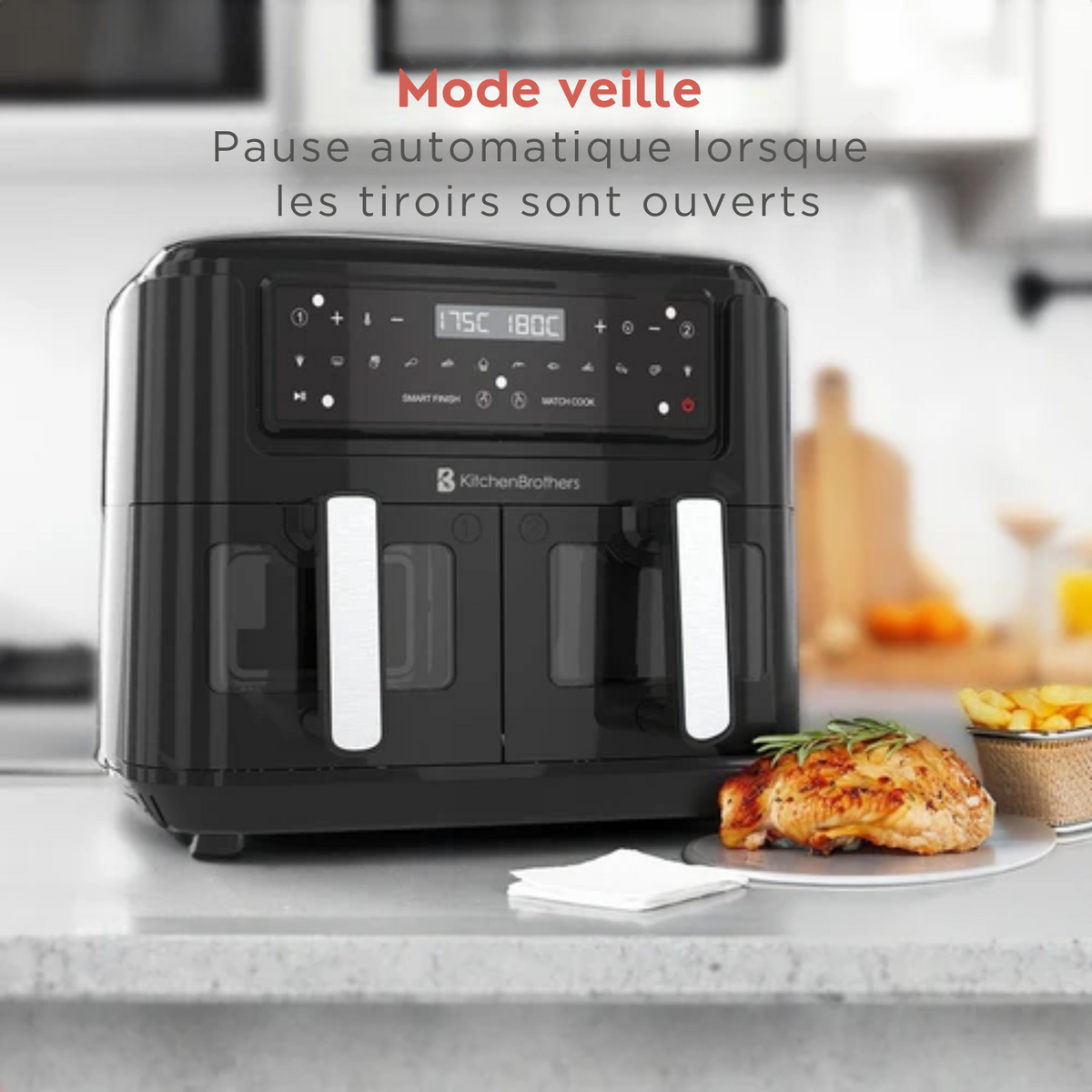 Double Airfryer XXL - KitchenBrothers - Friteuse - 2 x 4,5L - 2400W - Noir