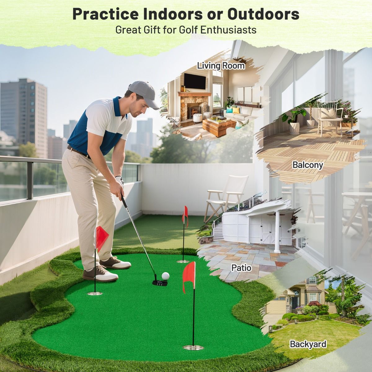 Tapis de putting Coast Golf - 3 trous - balles de golf et drapeaux inclus - 300 x 150 cm - vert