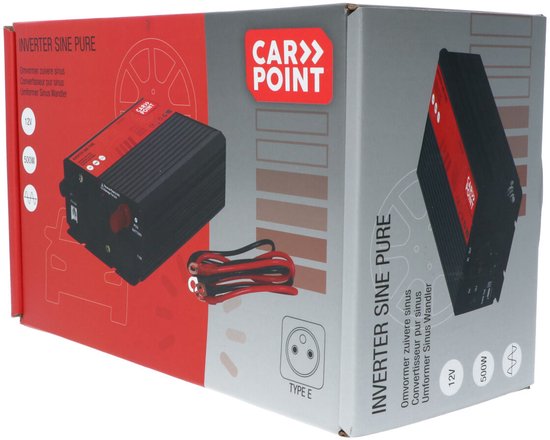Convertisseur Carpoint - 12 V > 230 V - Onde sinusoïdale pure - Puissance continue 500 W - Puissance de crête 1 000 watts – Prise de sortie française/belge – Raccordement permanent à la batterie - Résistant aux chocs - Ventilateur de refroidissement à rég