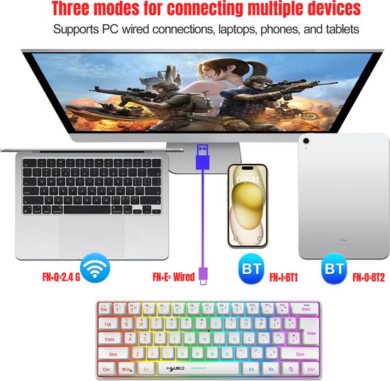 HXSJ L500 - Clavier gaming sans fil - RGB - Tri-mode - Claviers QWERTY - Blanc
