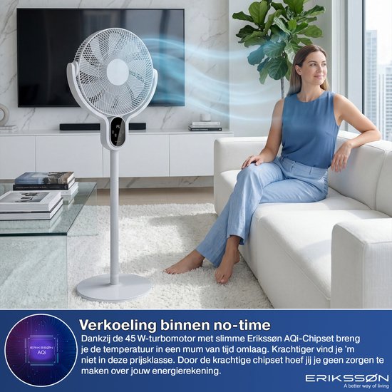 Ventilateur sur pied Eriksson - Silencieux et puissant 45 W - 8 vitesses - Réglable - Ventilateur sur pied - Gris