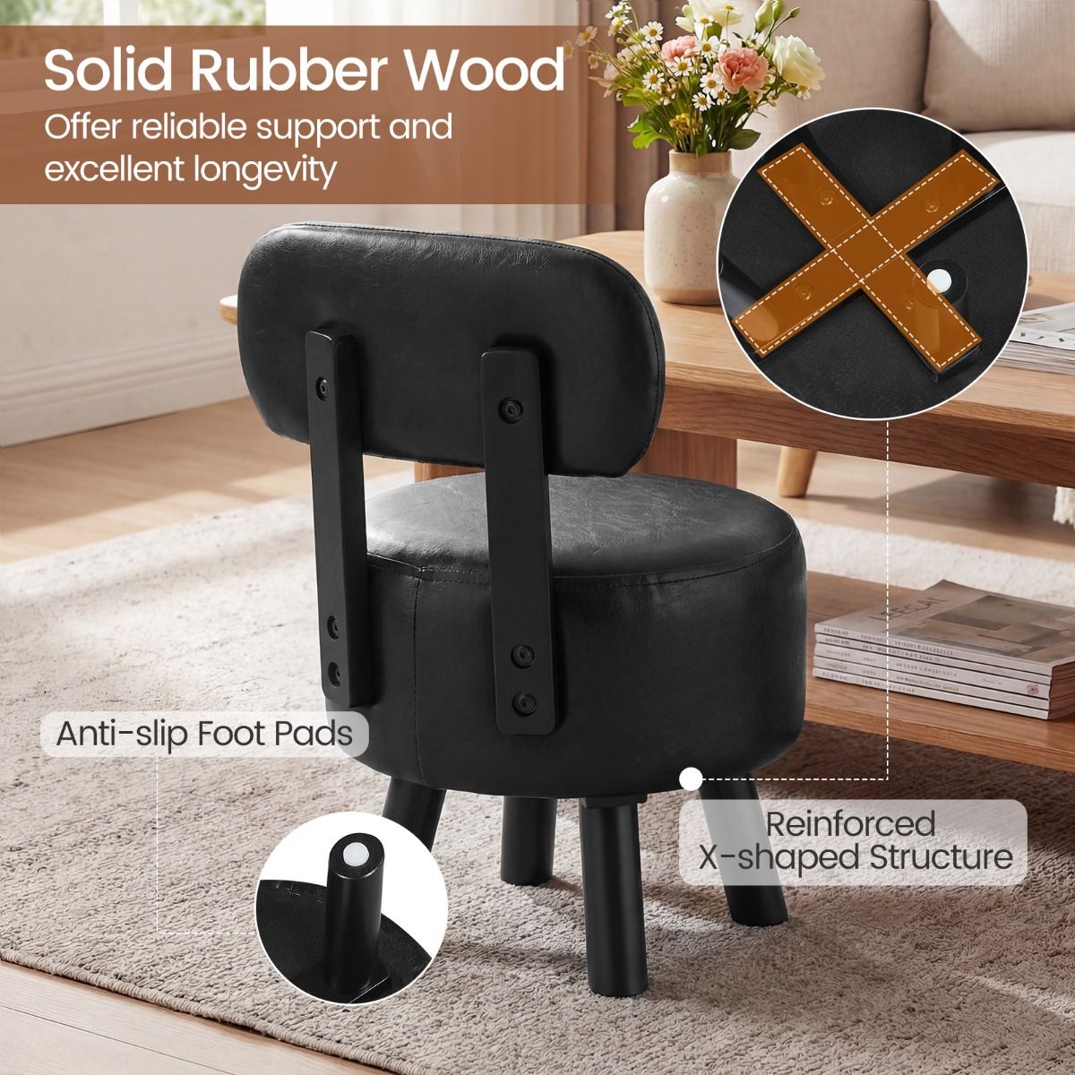 Pouf Coast avec dossier - pouf rembourré - simili cuir - noir - lot de 2