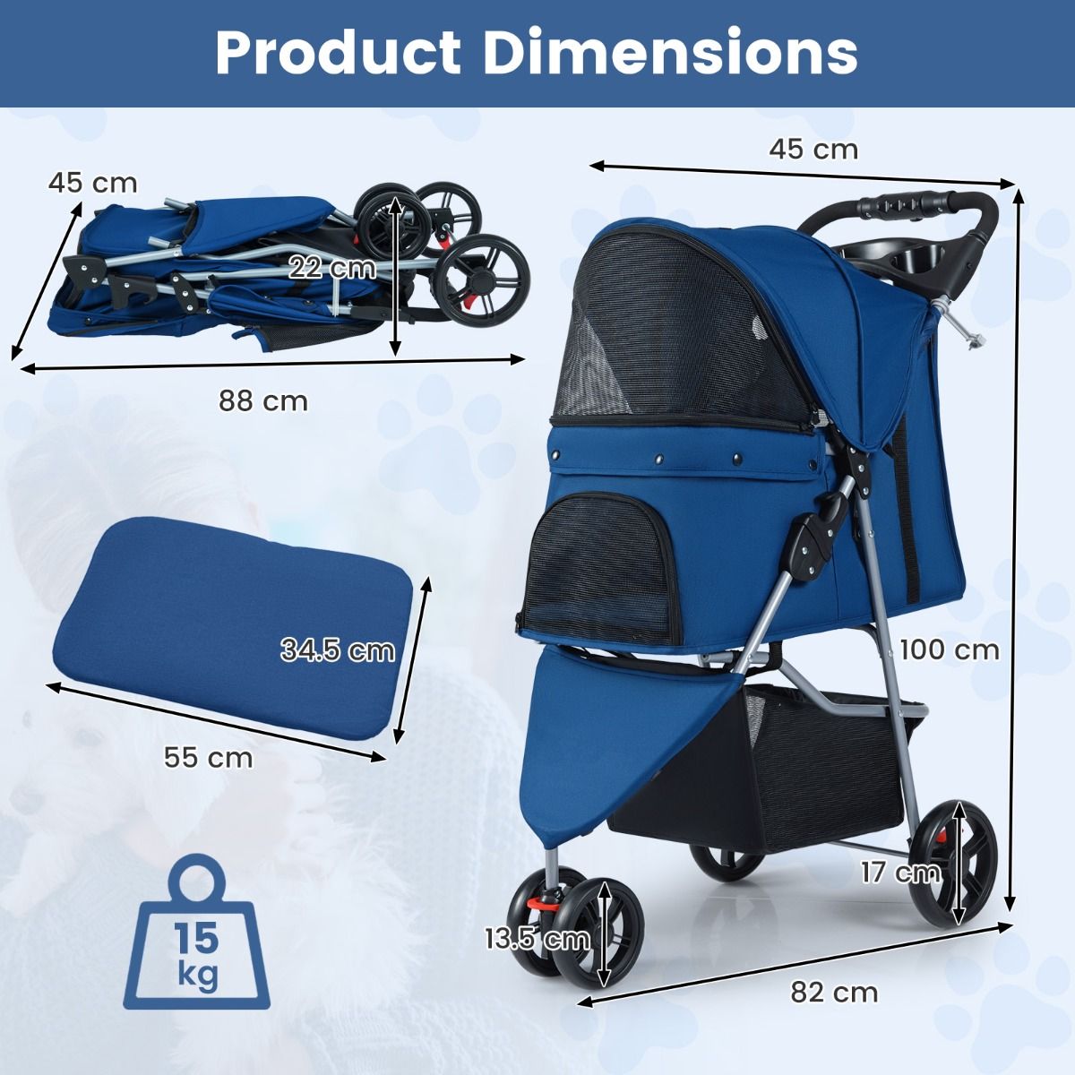 Chariot pliable pour animaux de compagnie Coast - pare-soleil réglable - revêtement lavable - couleur sombre