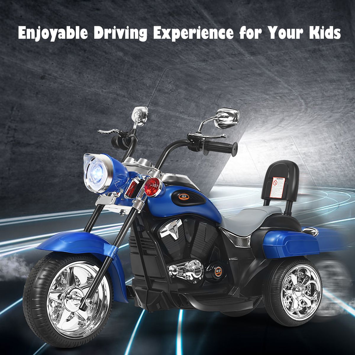 Moto électrique pour enfants Coast - Style chopper - Phare réglable - Fonction musicale - Bleu et noir - 91 x 48 x 64 cm