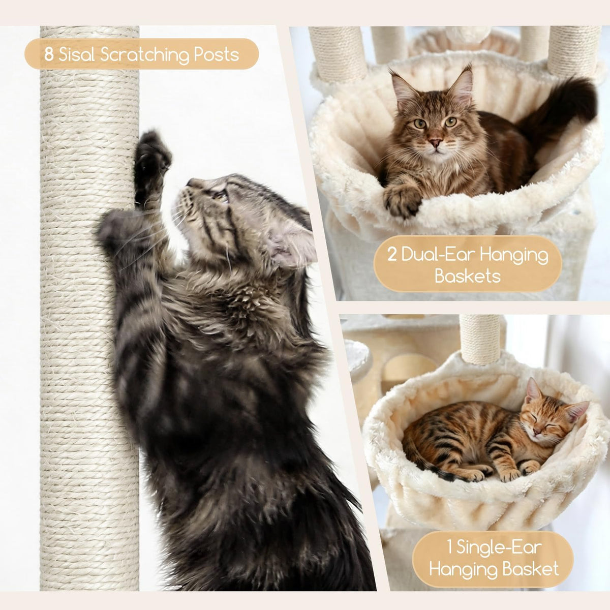 Arbre à chat Yaheetech 174,5 cm – avec 2 maisonnettes, un hamac et des poteaux en sisal, beige