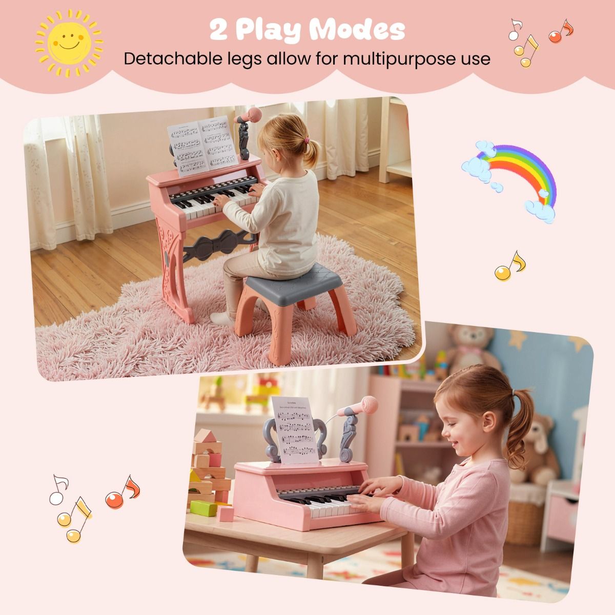 Piano-clavier pour enfants Coast - 25 touches - avec tabouret, pupitre et micro - rose et gris